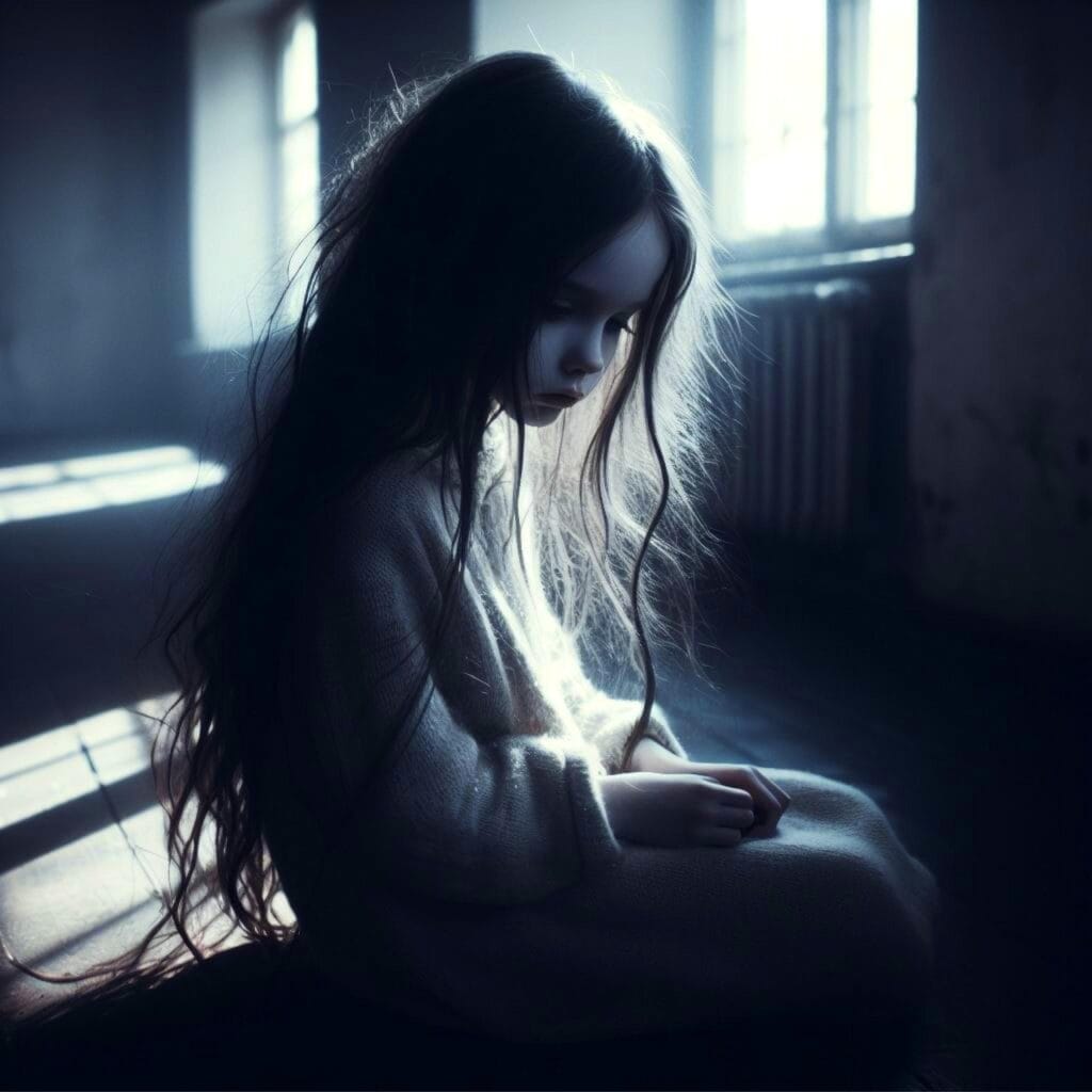 ai generated, girl, child, sad, scared, alone, dark room, lonely, sad girl, afraid, awareness