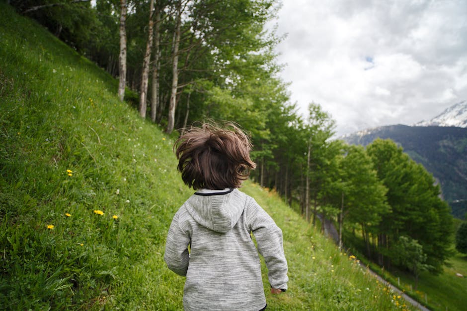 A young boy wearing a hoodie runs through a lush, mountainous landscape filled with trees and wildflowers.
