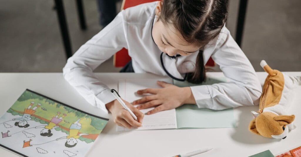 A young girl focused on homework, writing in a notebook in a classroom setting.