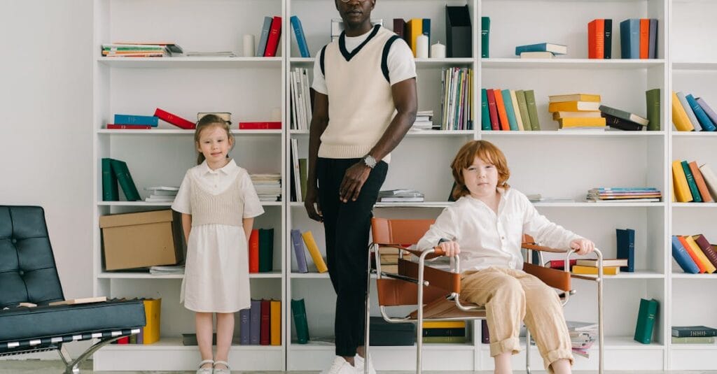 Family portrait featuring two children and an adult in a contemporary library setting with colorful bookshelves.