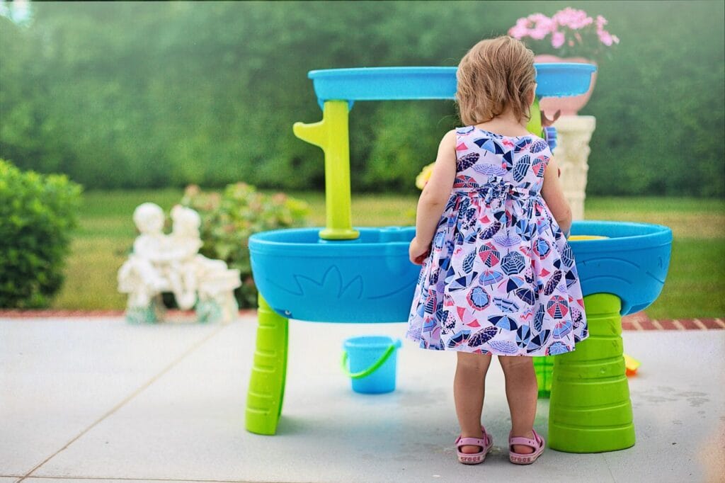 girl, play, nature, child, water table, water fun, playing, summer