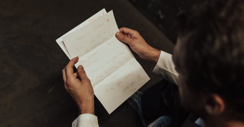 Close-up of a man holding and reading a handwritten letter with personal content.
