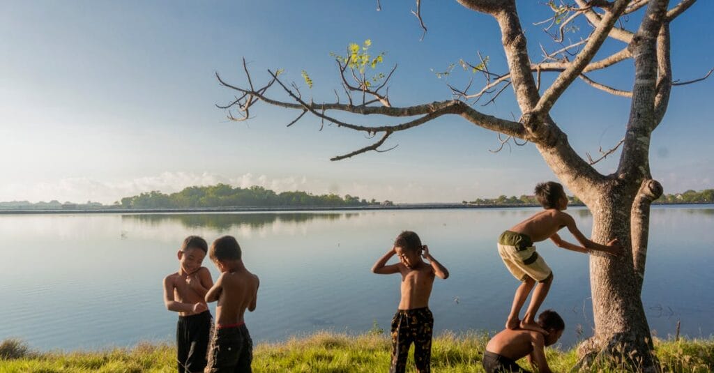 Five kids enjoy a playful day by the lake, climbing trees and bonding under clear skies.