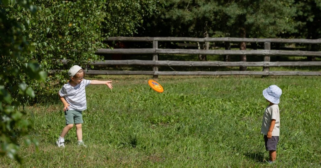 Two young boys playing frisbee on a sunny summer day in a grassy field.