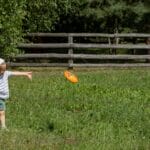 Two young boys playing frisbee on a sunny summer day in a grassy field.