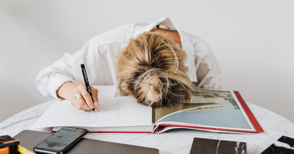A tired architect rests head on open book at home office desk, indicating stress or fatigue.