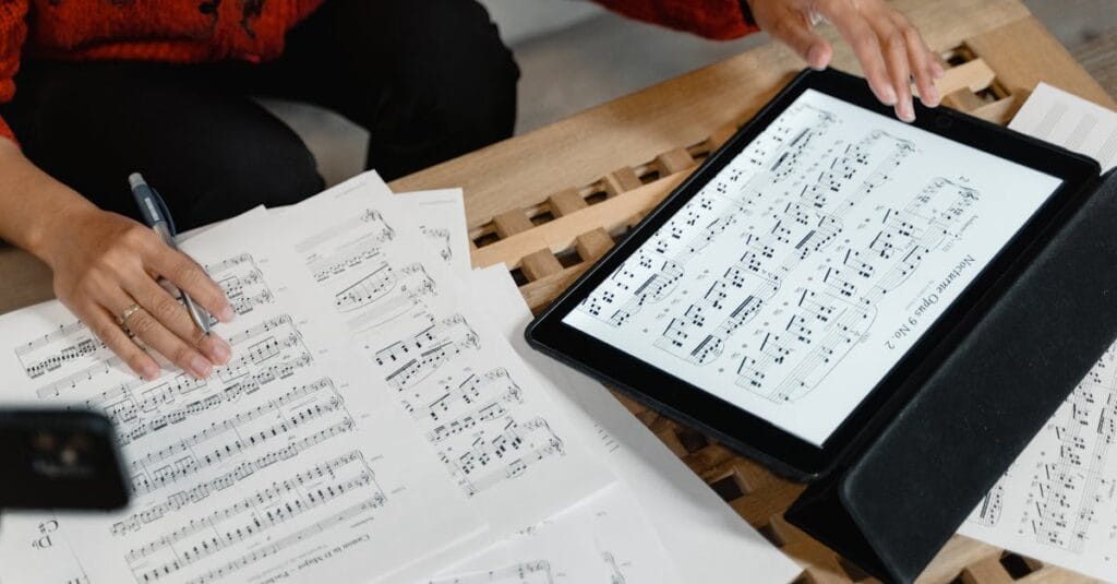 A person reviewing and composing sheet music using both paper and digital formats on a table.