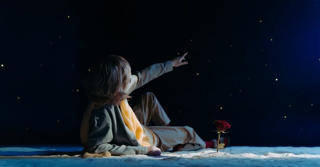 A child lies on sand under a starry sky, pointing while a red rose stands nearby.