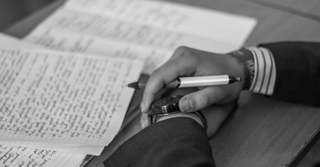 Close-up of a hand holding a pen over pages of writing on a desk.