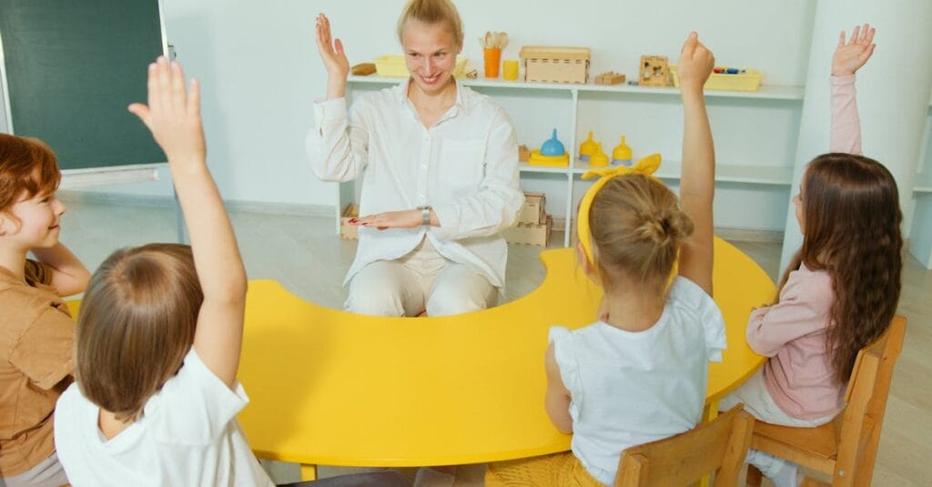 A lively preschool class with children participating in a learning activity guided by a cheerful teacher.