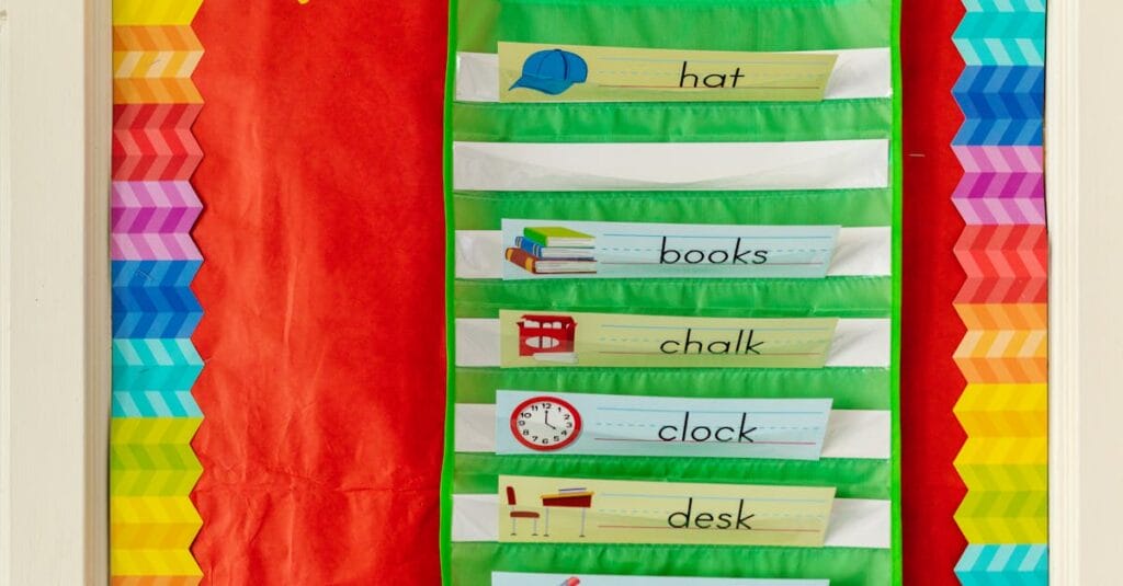 Vibrant classroom word chart with educational keywords like hat, books, chalk, and more.