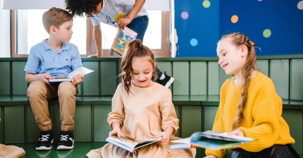 A group of children enjoying books in a vibrant indoor library setting.