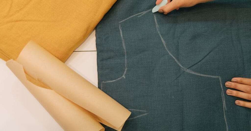 Top view of hands drawing sewing pattern on fabric with chalk and paper