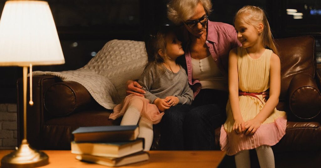 Grandmother bonding with her grandchildren in cozy living room setting.