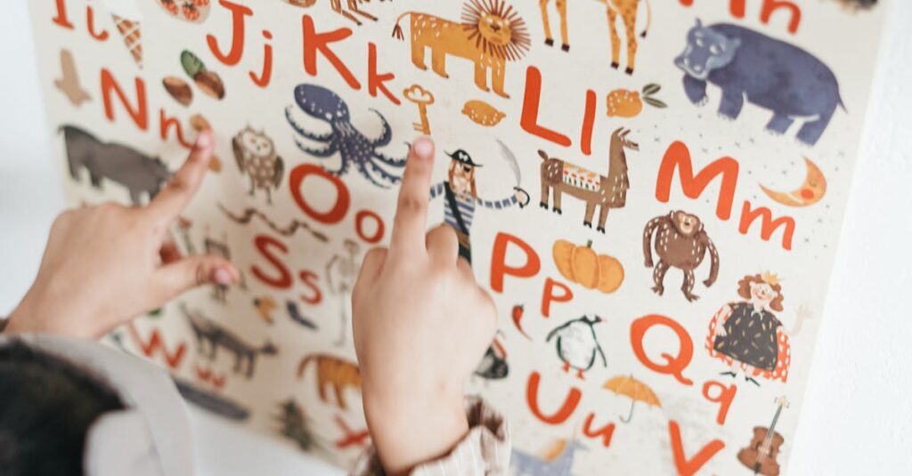 A child points at an educational alphabet poster with animals and letters.