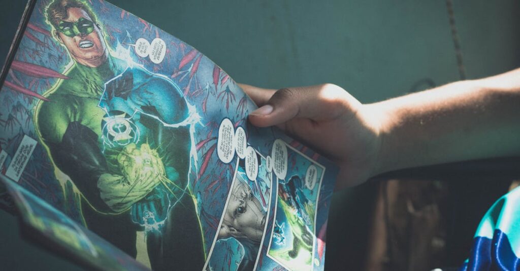 Close-up shot of hands holding a colorful superhero comic book in a sunlit room, depicting leisure reading.