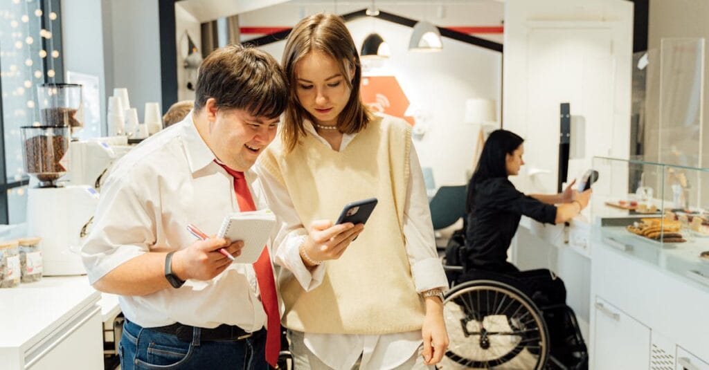 A diverse group in a coffee shop shows inclusivity and accessibility with attentive customer service.