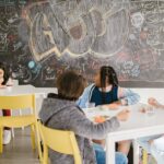 Children sitting in a school classroom having lunch with a chalkboard full of doodles behind them.
