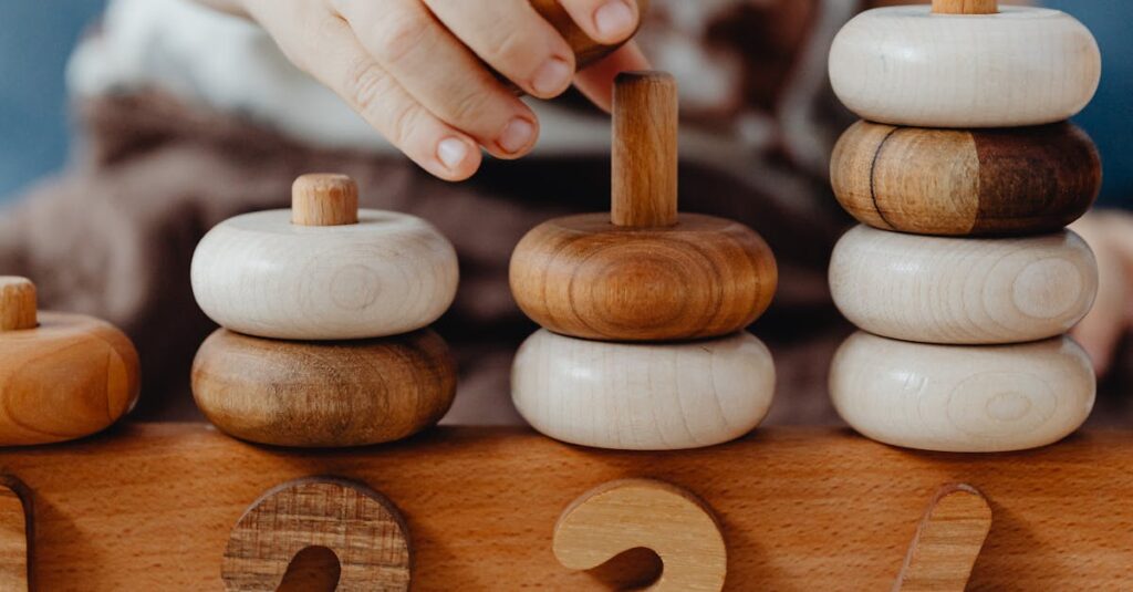 A child interacts with educational wooden number blocks, enhancing cognitive skills.