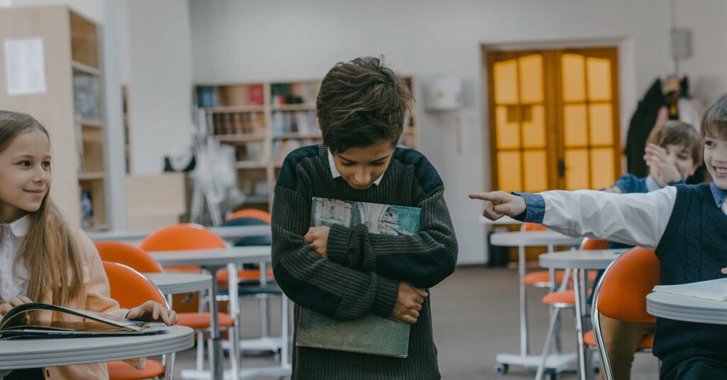 A sad child walks alone in a classroom, facing bullying from classmates.