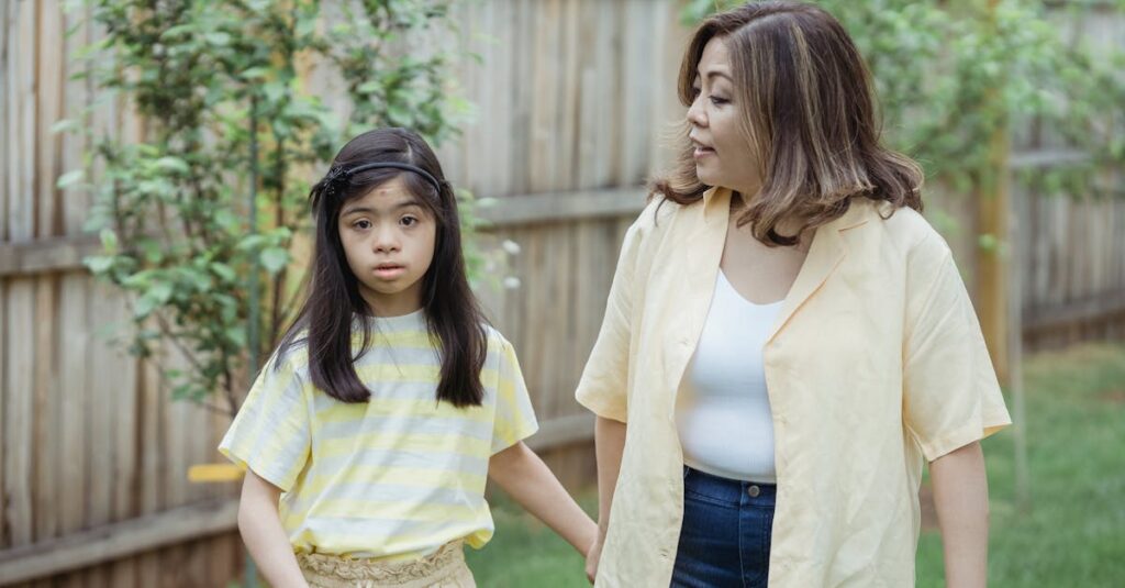 A mother holds hands with her daughter in a serene backyard setting, showcasing family bond.