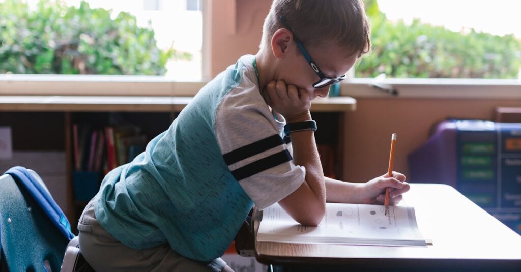 A young boy diligently doing homework at a classroom desk, surrounded by a vibrant learning environment.