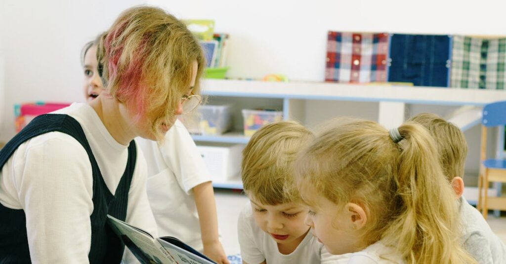 A teacher reading to an attentive group of children in a cozy classroom setting.