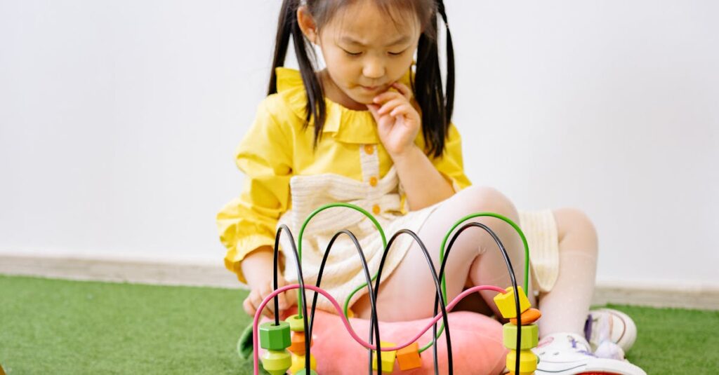 A young girl plays with educational toys, stimulating learning and creativity indoors.