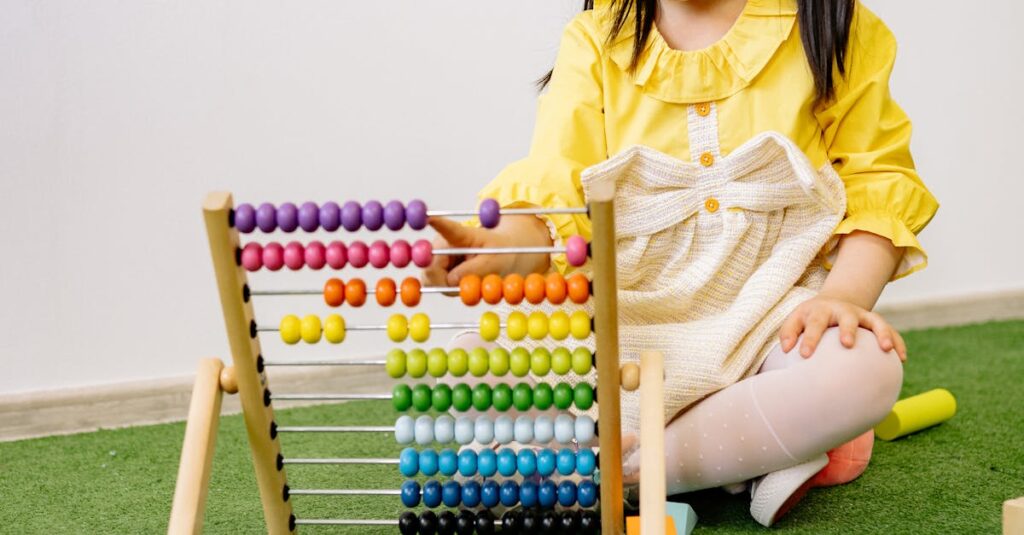 A young girl engaged with a colorful abacus in a cozy playroom setting, emphasizing learning and play.