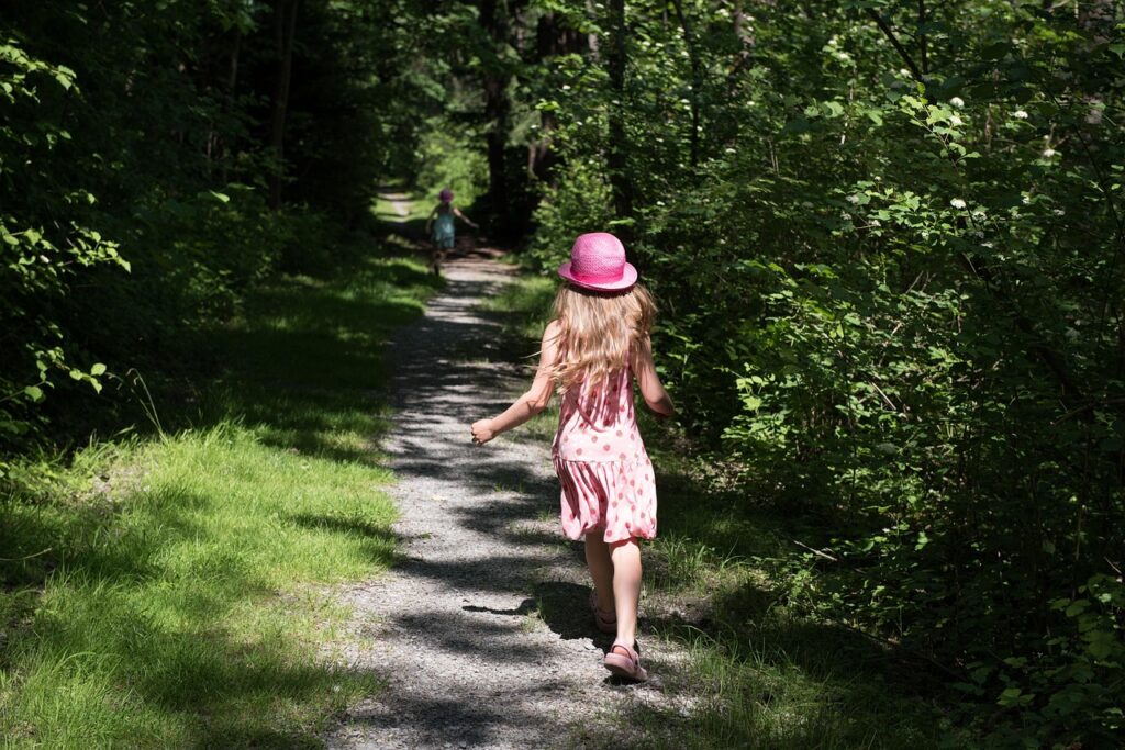 person, human, child, girl, cap, running, run, forest path, unmade, path, outdoors