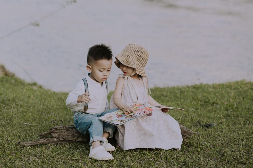 children, siblings, kids, book, brook, meadow