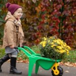 A young girl in autumn attire pushing a wheelbarrow filled with yellow flowers outdoors.