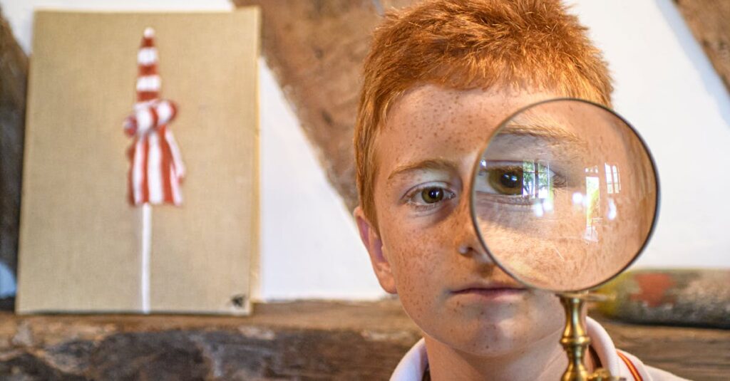 Redheaded boy holding a magnifying glass, amplifying one eye, indoors in Pont-l'Évêque, France.