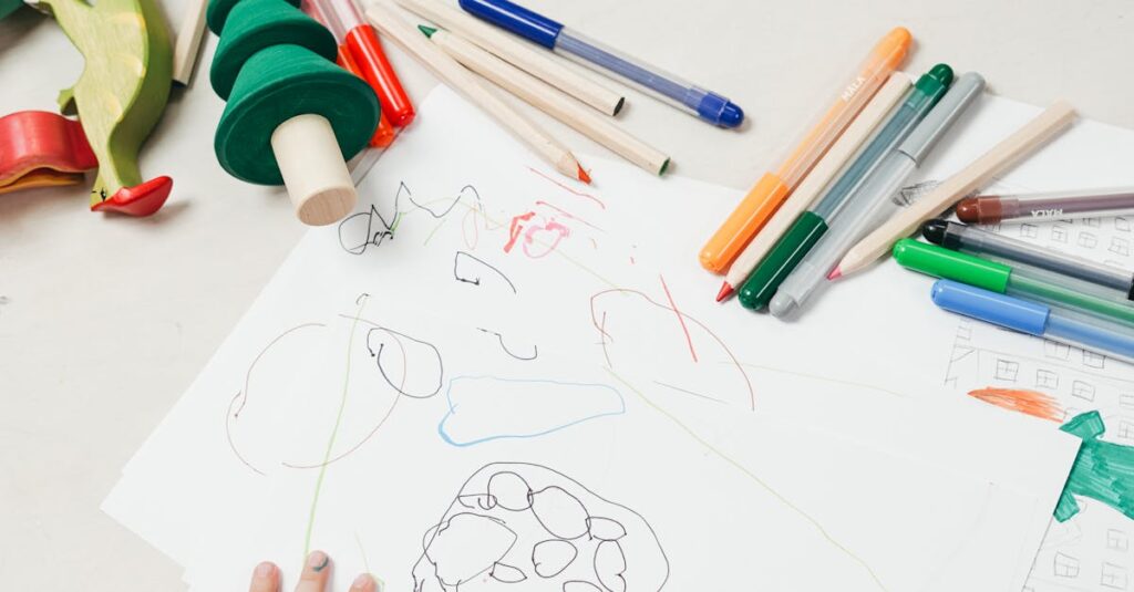 A child engages in creative drawing with colored pencils surrounded by wooden toys on a table.