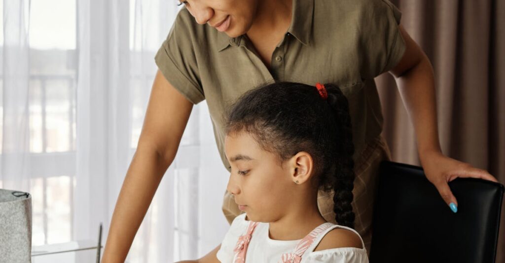 A mother helps her daughter with homework, highlighting education and family bonding indoors.