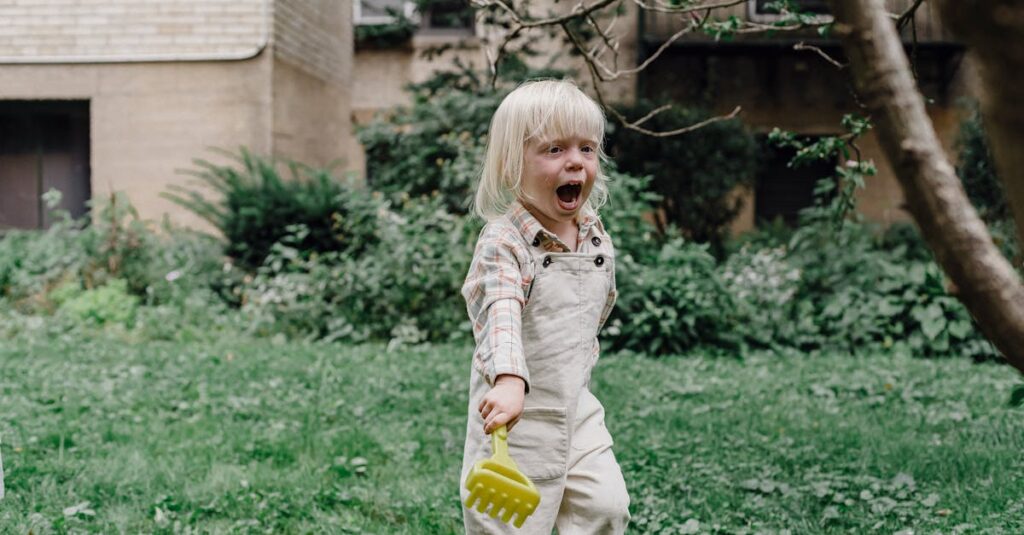 Cute little boy with plastic rake on lawn with fresh green grass in yard
