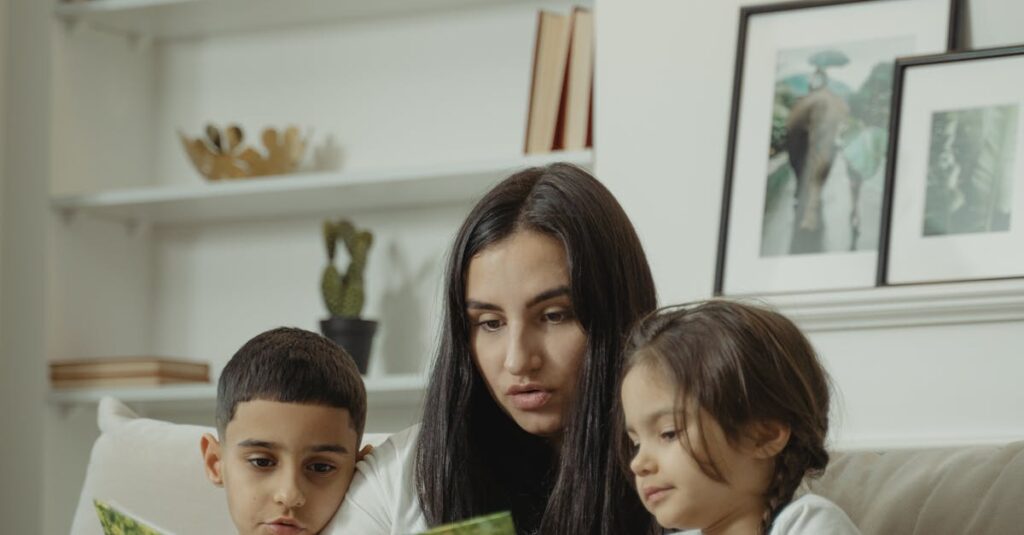 A mom reads to her children in the living room, highlighting bonding and educational moments.