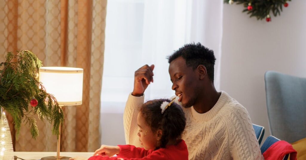 A dad and child bond over creative drawing at home during the festive Christmas season.