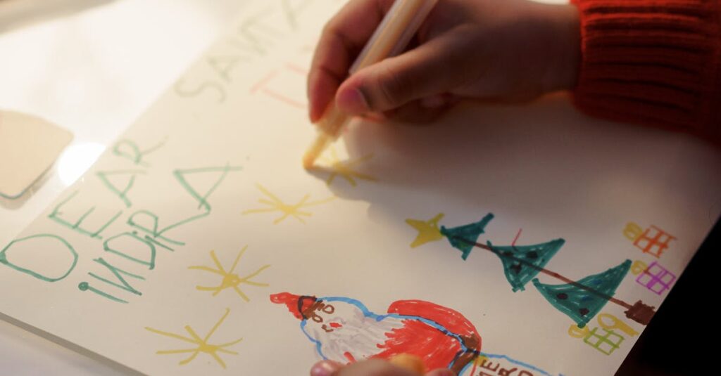 A child drawing a Christmas card, illustrating Santa and festive symbols.