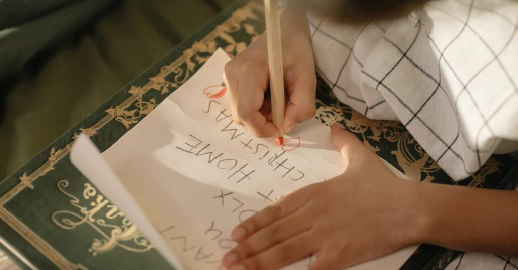 A child drawing on paper with colored pencils, composing a Christmas wish list.