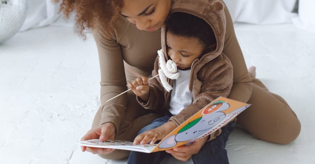 A mother and her child bonding over a book in a cozy indoor setting.