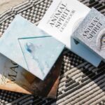 Animal spirit guidebooks placed on a patterned beach blanket in sunlight.