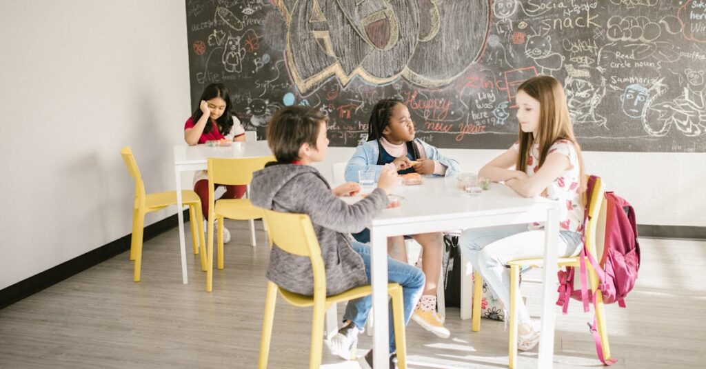Children in a classroom with diverse cultural backgrounds sharing a learning moment.