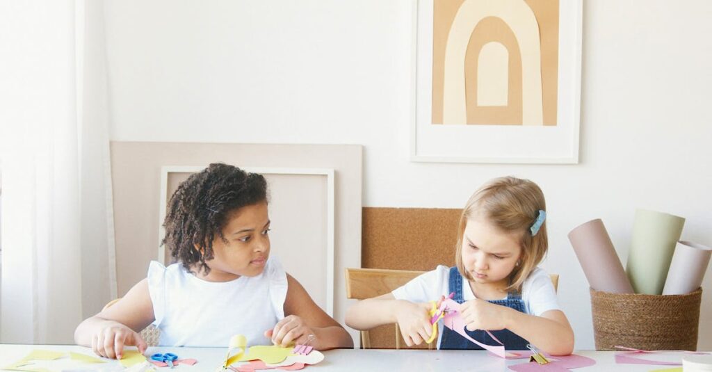 Two children happily crafting at a table filled with colorful art supplies, fostering creativity.