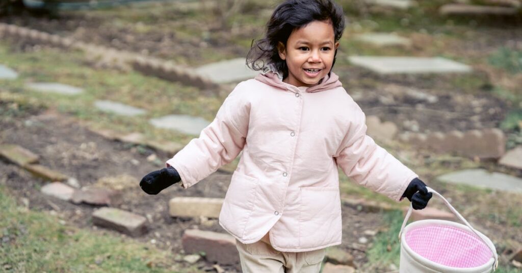 A cheerful child enjoying an Easter egg hunt in a backyard, expressing joy and excitement.