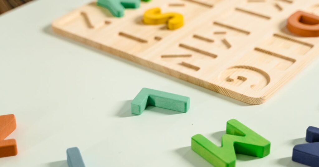 Colorful wooden alphabet letters for preschool children's learning and creativity.