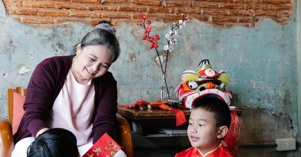 A joyful family celebration with a grandmother and grandchildren sharing red envelopes indoors.
