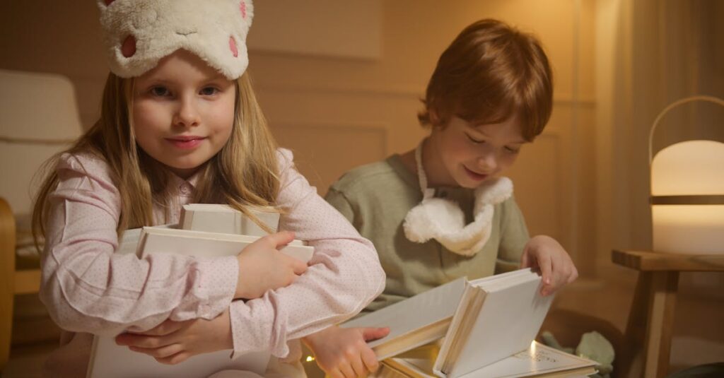 Two kids in pajamas enjoy bedtime stories in a cozy, warmly lit room.