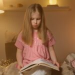 A young girl in a pink shirt reads a book in a warmly lit bedroom setting at night.
