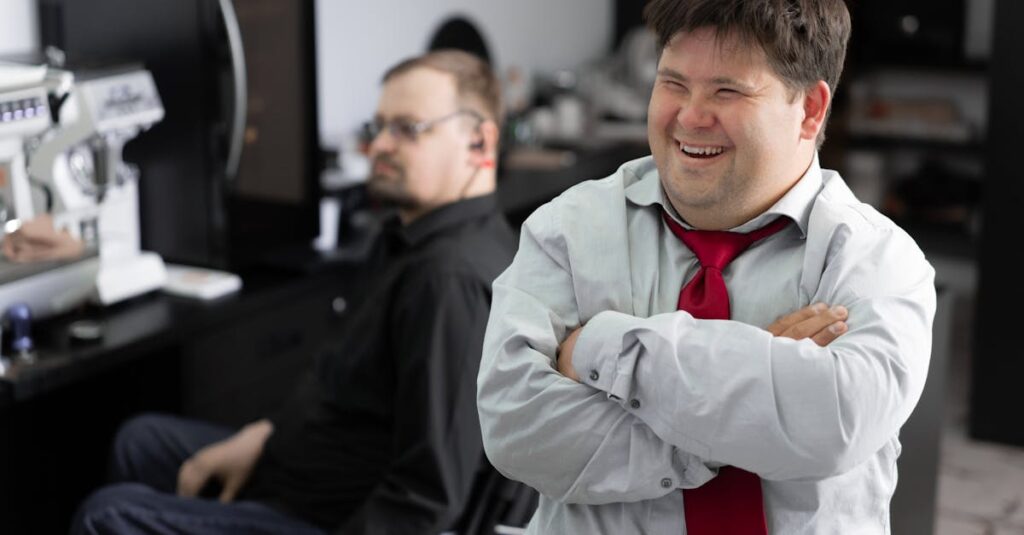 Smiling employee in office setting promoting inclusivity and diversity.